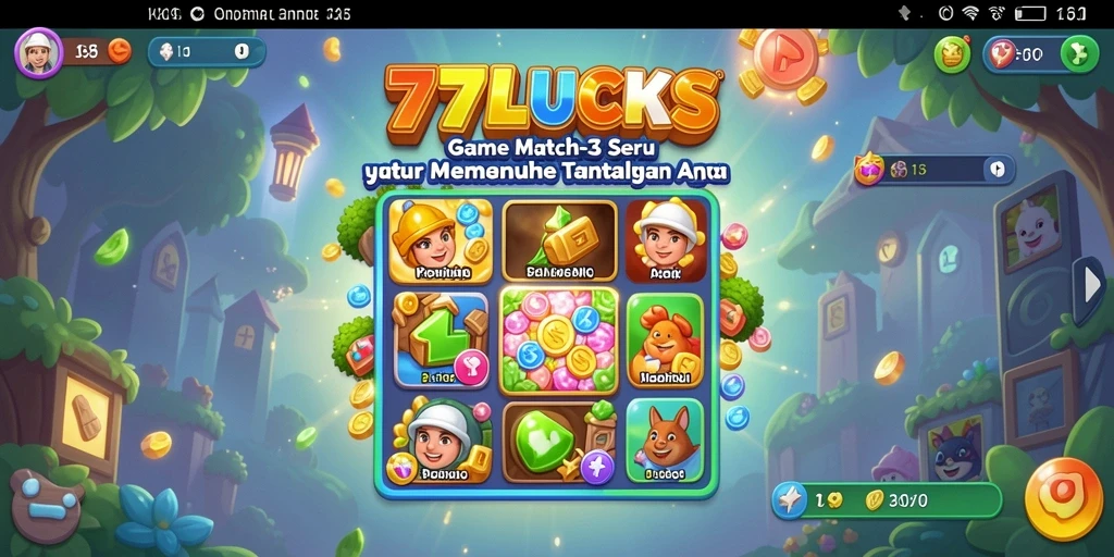 Screenshot utama 77LUCKS menampilkan aksi seru permainan Match-3.