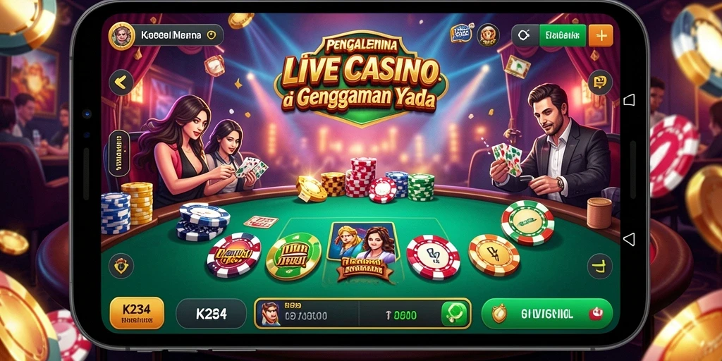 Screenshot menampilkan dealer langsung dan meja permainan kasino.