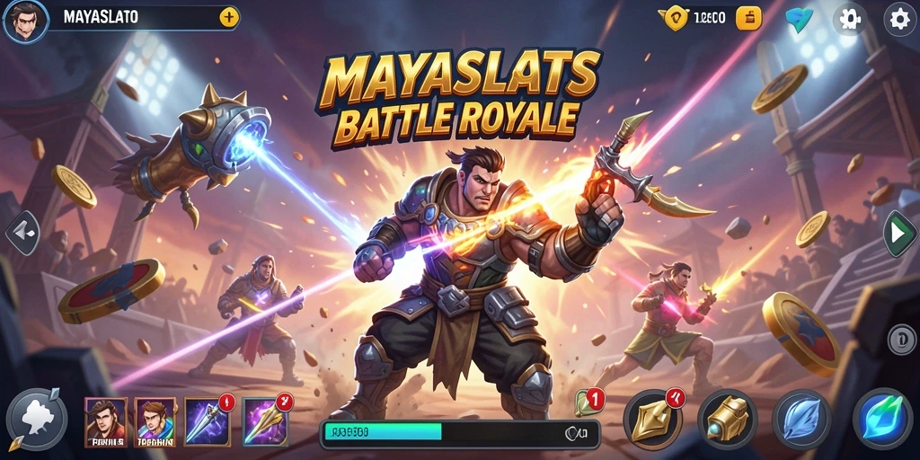 Screenshot utama MAYASLOTS menampilkan aksi intens di arena Battle Royale.