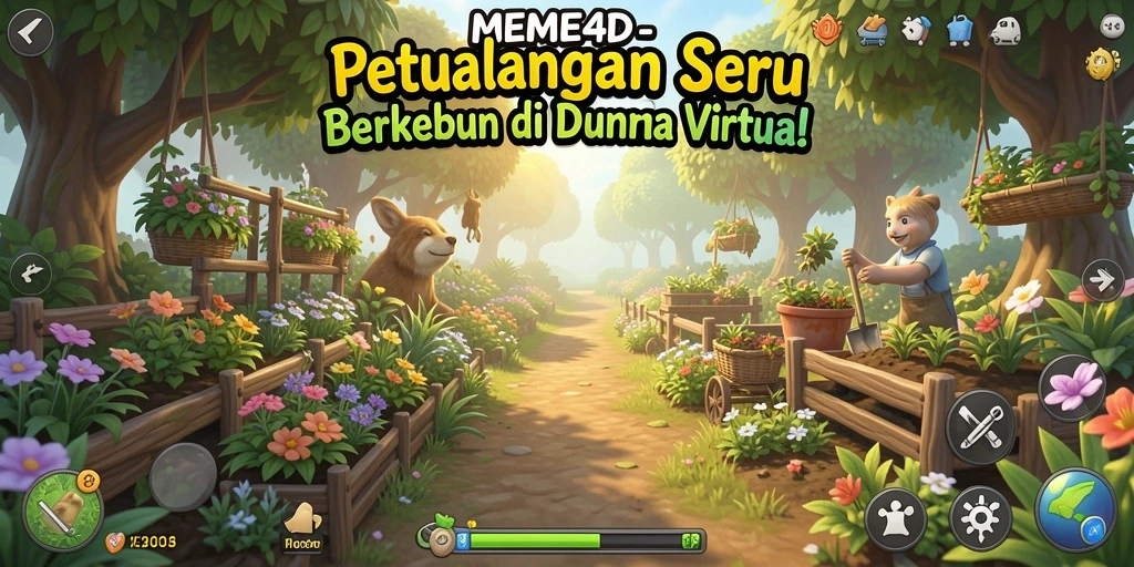 Tangkapan layar gameplay <strong>MEME4D</strong> menunjukkan kebun yang subur dan aktivitas petani yang menyenangkan.