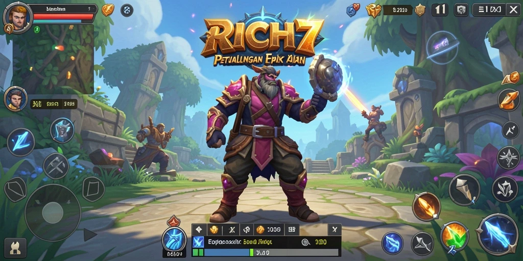 Tangkapan layar RICH7 menunjukkan aksi pertarungan seru dalam dunia ARPG yang megah.