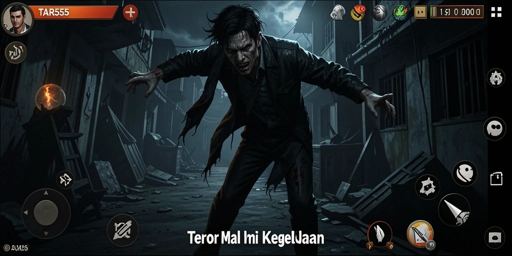 Tangkapan layar gameplay TAR555 menampilkan suasana horor yang menyeramkan.