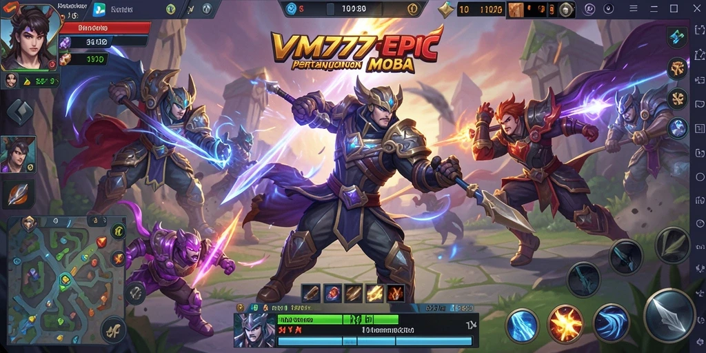 Tangkapan layar VM777 menampilkan aksi seru dalam permainan MOBA.